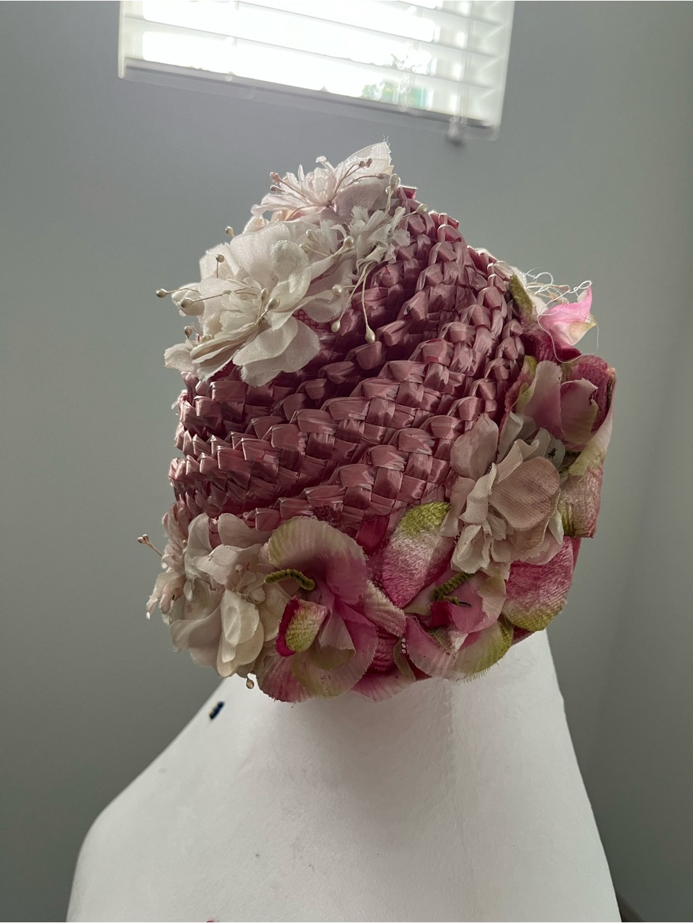 Vintage Pink Floral Straw Cloche Hat